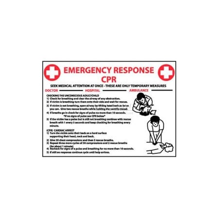 National Marker Co NMC Sign, CPR Emergency Response, 10in X 14in, White/Red/Black M459RB